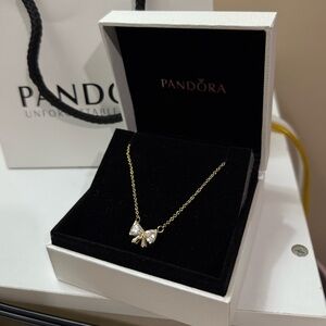 Pandora Sparkling Bow Necklace 14k Gold Plated